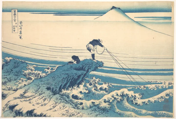 Estampe de Hokusai, Kajikazawa dans la province de Kai : un pêcheur tient ses lignes tendues au-dessus des vagues, le mont Fuji en arrière-plan