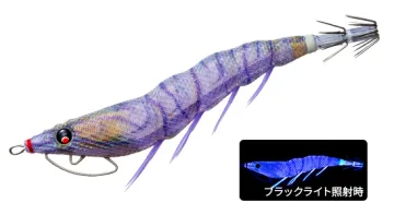 Turlutte DUEL EZ-Q Cast coloris 20 RISE Real Iso Shrimp, vue de profil, avec en médaillon son rendu sous lumière noire, visuel officiel DUEL