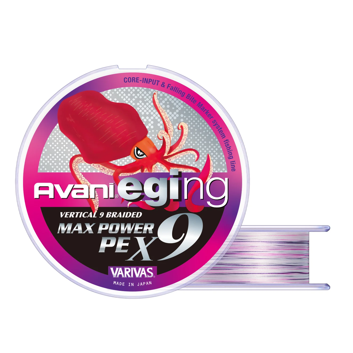 Bobine de tresse Varivas Avani Eging Max Power PE X9, fil blanc à marquage rose et violet, visuel officiel Varivas